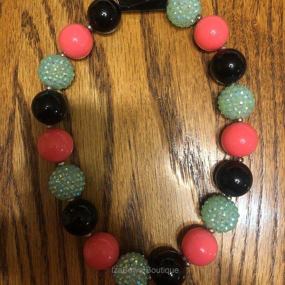 Mint Sparkle, Pink & Black Chunky Bead Necklace HAND CRAFTED